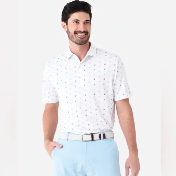 Johnnie-O Polo Golf Shirt Mens “Finito” White with Cocktails SPF 50 Size Large - Picture 1 of 10